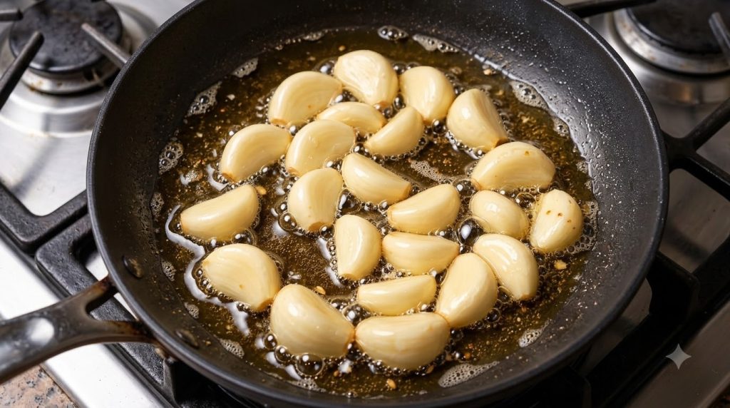 Peeled garlic cloves ready to be sliced on a wooden cutting board