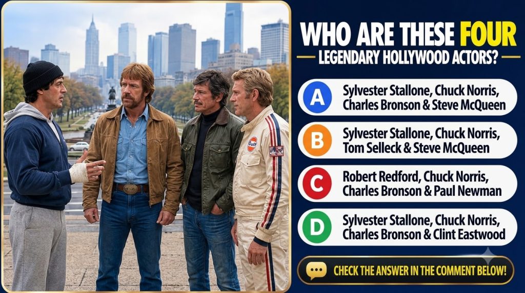 Four legendary Hollywood actors Sylvester Stallone Chuck Norris Charles Bronson Steve McQueen standing outdoors against 
