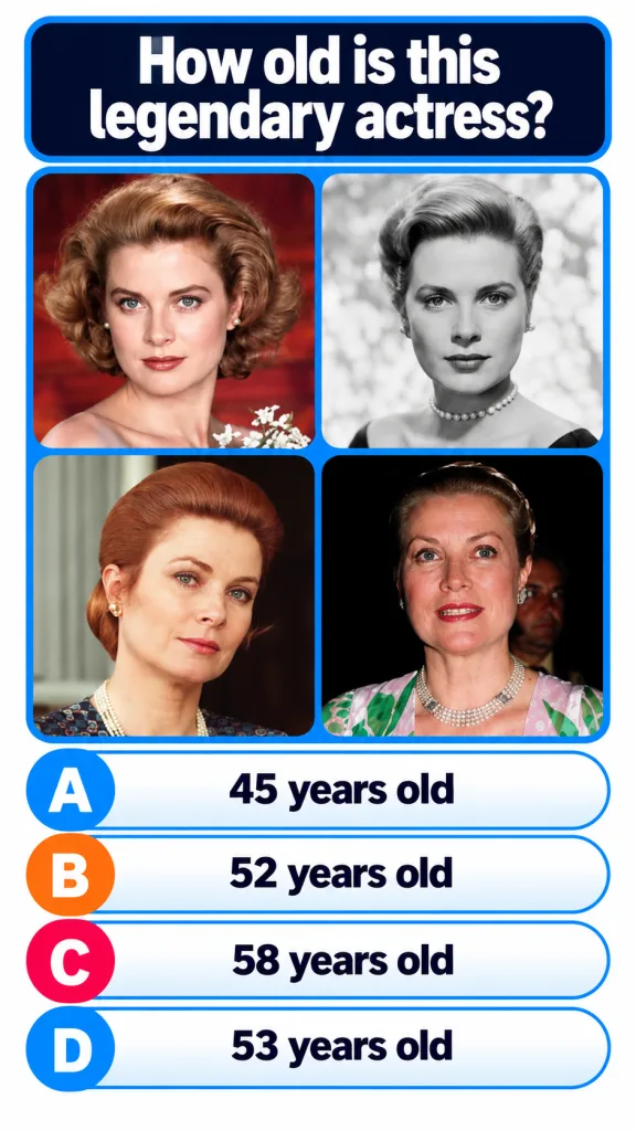 A multi-panel quiz image featuring four distinct portraits of Grace Kelly at various stages of her life including color