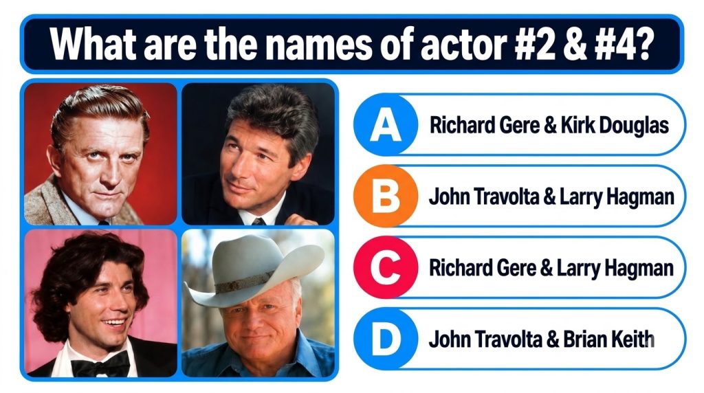 A multiple-choice quiz image showing four classic male actors Kirk Douglas Richard Gere John Travolta and Larry Hagman T