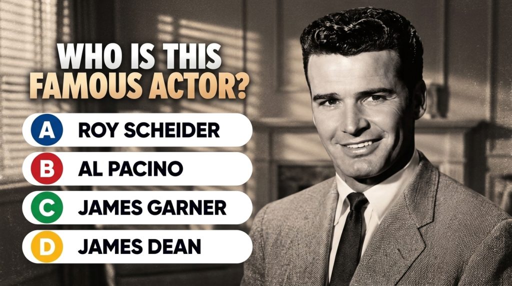 Black and white portrait with a sepia tone of a smiling James Garner wearing a suit and tie with distinct horizontal sha