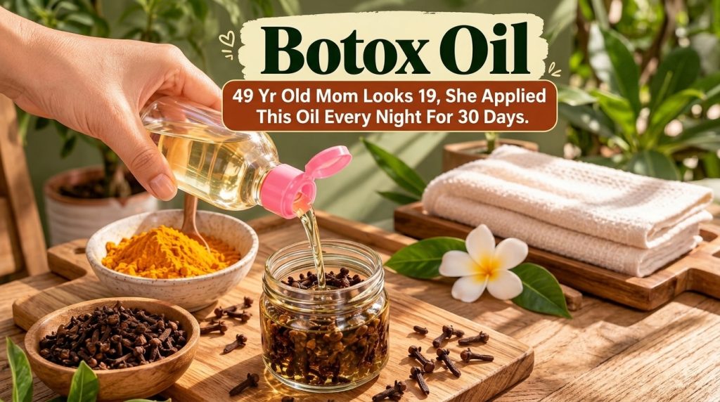 A hand pouring golden liquid from a clear bottle into a glass jar with cloves alongside bowls of turmeric powder and mor