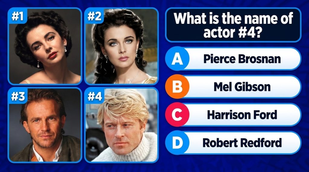 A multiple-choice trivia quiz screen with the question What is the name of actor 4 at the top Below a 2x2 grid of celebr