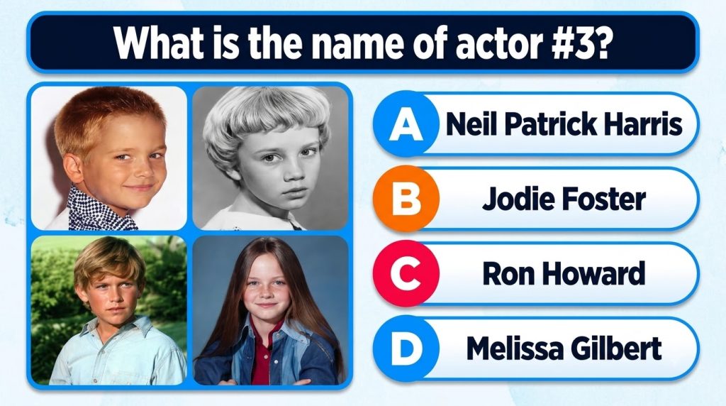A multiple-choice quiz image showing four childhood portraits of actors in a 2x2 grid with a question and four answer op