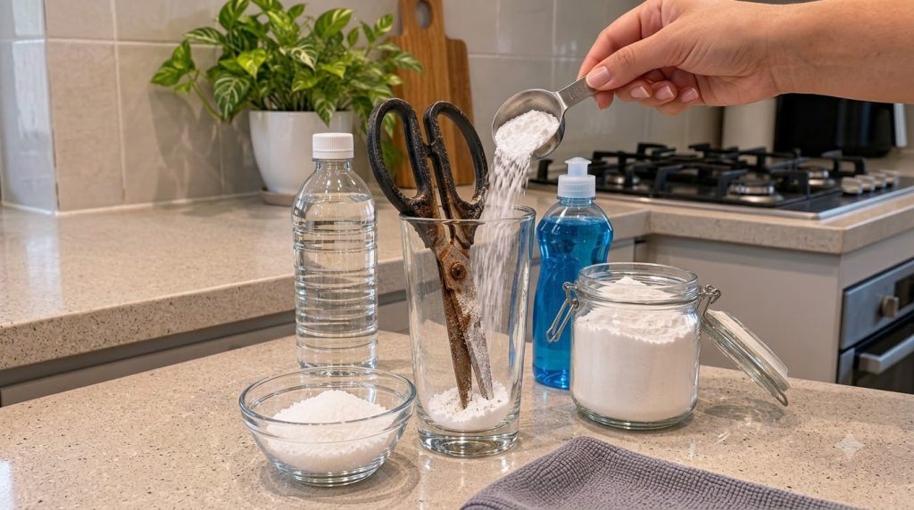 A person s hand pouring white powder baking soda from a measuring spoon into a clear glass containing rusty scissors wit