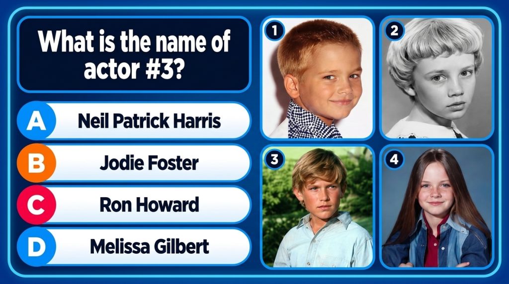 A multiple-choice quiz asking to identify a classic Hollywood star showing four childhood portraits one of which is Mari