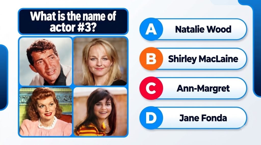 A multi-choice quiz asking to identify actor 3 It features four celebrity headshots Dean Martin top left Helen Hunt top 