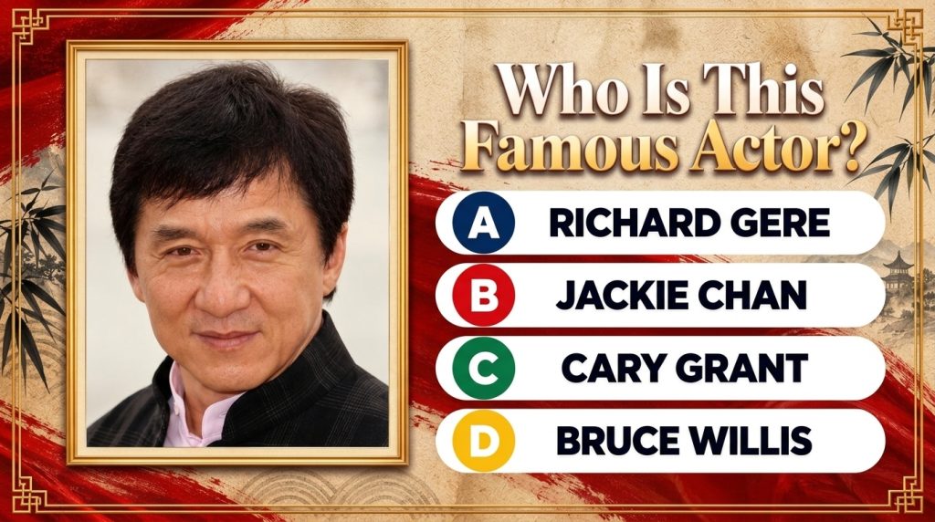 Quiz image featuring a portrait of young Jackie Chan in a golden frame with the question Who Is This Famous Actor and fo
