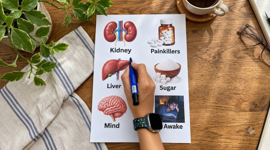 A flat lay image showing a hand pointing at a diagram with health topics Kidney Painkillers Liver Sugar Mind and Awake w