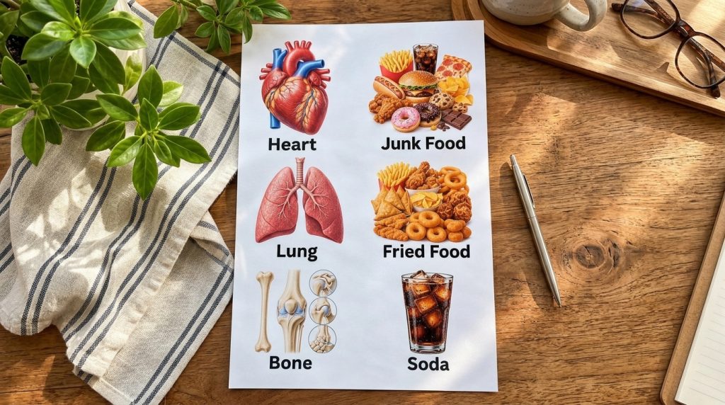 A visual guide comparing healthy human organs heart lungs bones with various unhealthy foods junk food fried food soda