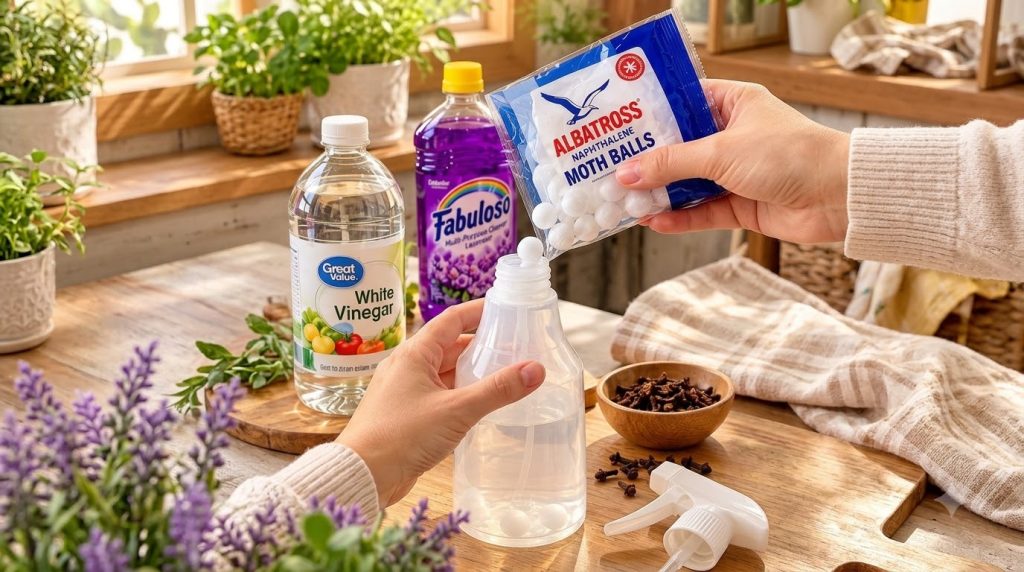 Hands pouring white mothballs from a plastic bag into a clear spray bottle containing liquid with bottles of white vineg