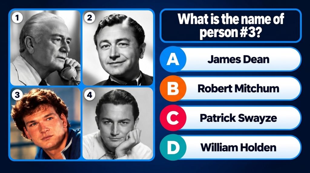 A multiple-choice quiz image asking What is the name of person 3 featuring four portrait photographs of famous male acto