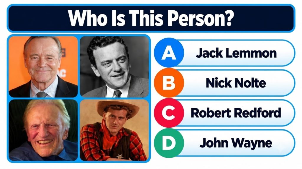 A multiple-choice quiz asking Who Is This Person with four celebrity portraits one of which is Tom Hanks