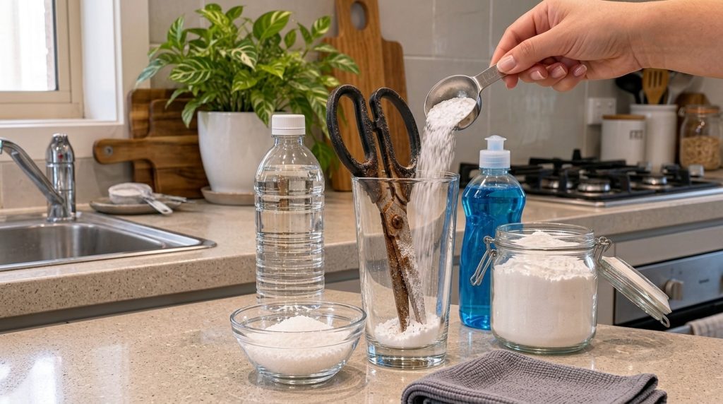 A pair of severely rusted scissors standing upright in a clear glass on a kitchen countertop with a measuring spoon pour