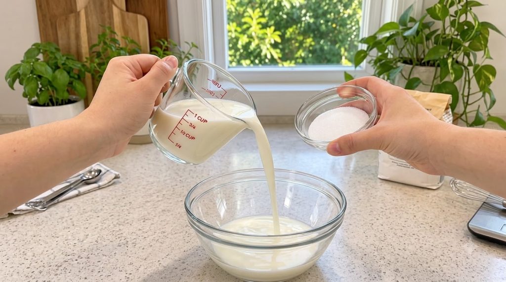 Milk being poured from a measuring cup into a clear glass bowl with a bowl of sugar nearby in a bright kitchen