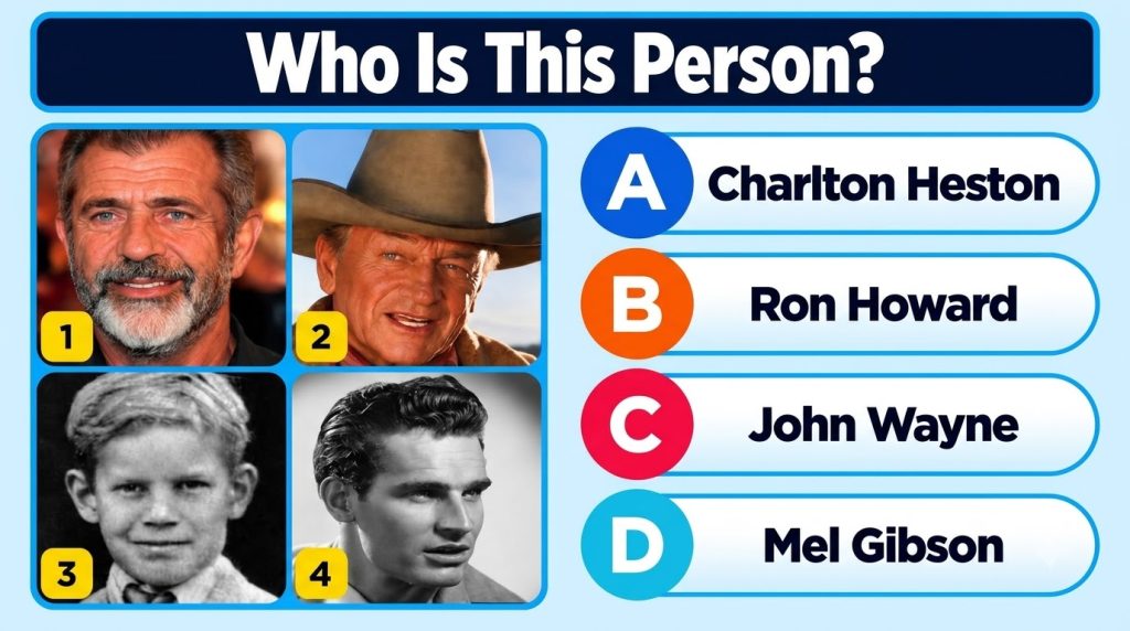 A multiple-choice quiz image asking Who is this actor featuring a clear portrait of a young Ron Howard with four answer