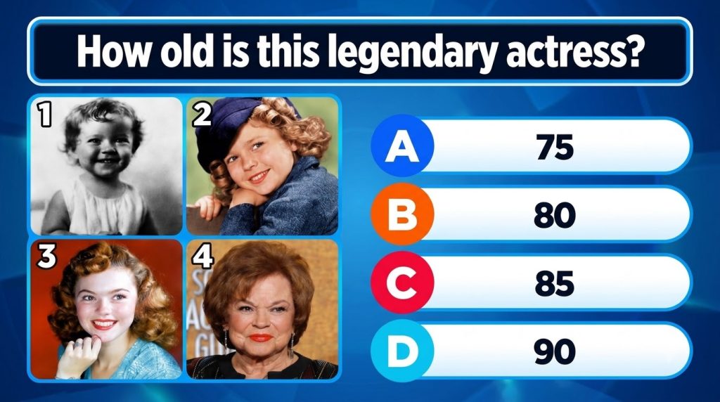 A multiple-choice quiz image featuring a portrait of Shirley Temple with options A B C D below