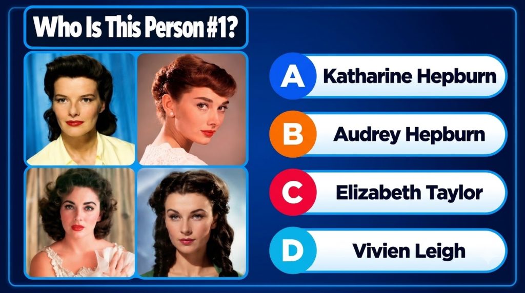 A 2x2 grid of four classic Hollywood actresses portraits Katharine Hepburn Audrey Hepburn Elizabeth Taylor and Vivien Le