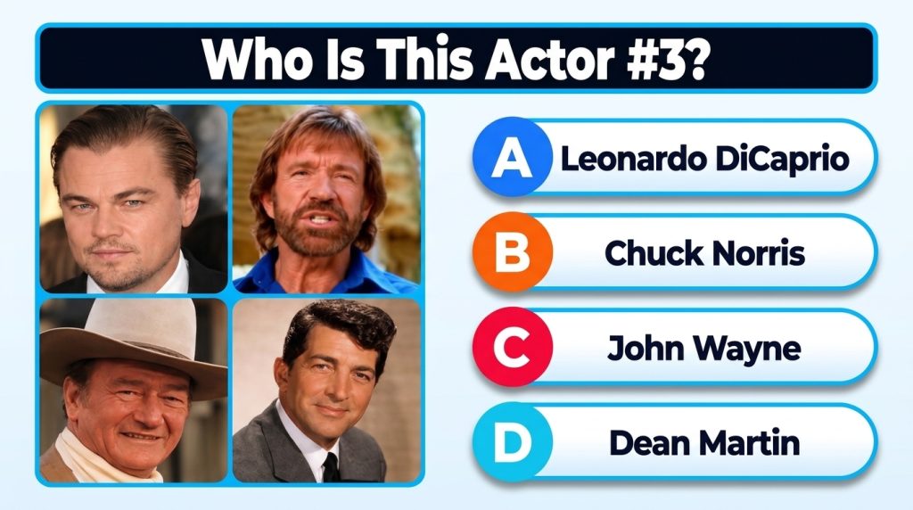 A multiple-choice quiz image showing headshots of four actors Leonardo DiCaprio Chuck Norris John Wayne and Dean Martin