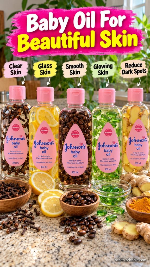 A collection of five small bottles of baby oil each infused with different natural ingredients like cloves lemon slices 
