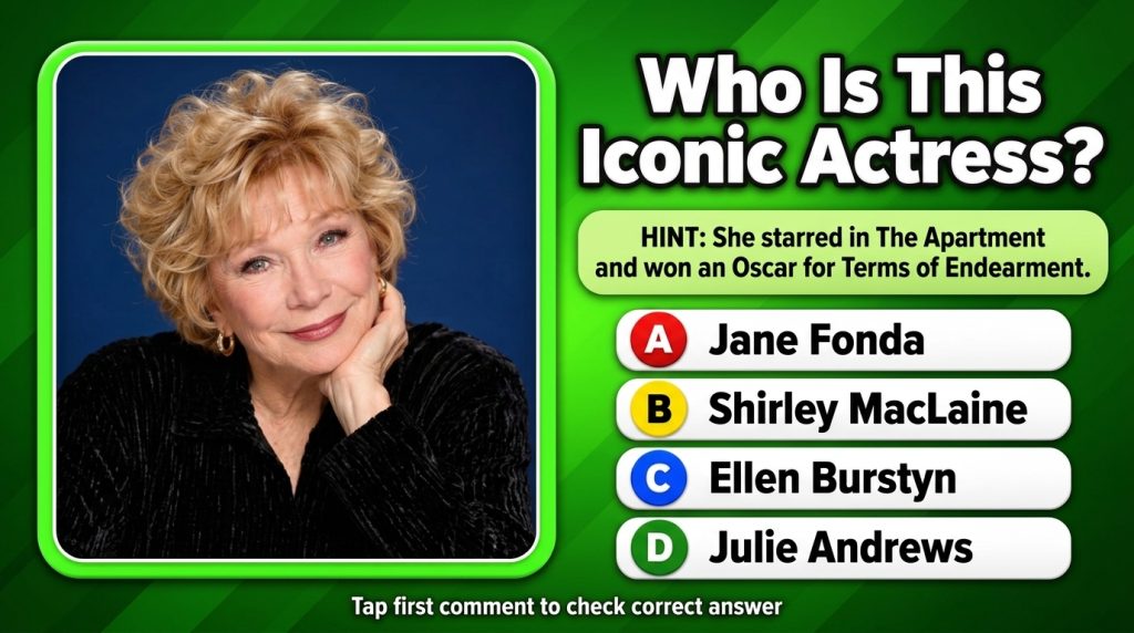 A quiz card featuring a smiling blonde woman with curly hair Shirley MacLaine against a dark blue background with quiz o