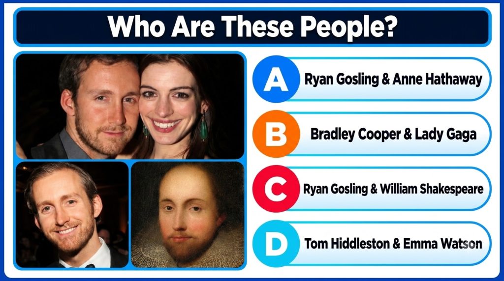A multiple-choice quiz image featuring a portrait of actress Anne Hathaway as if it s the quiz question itself