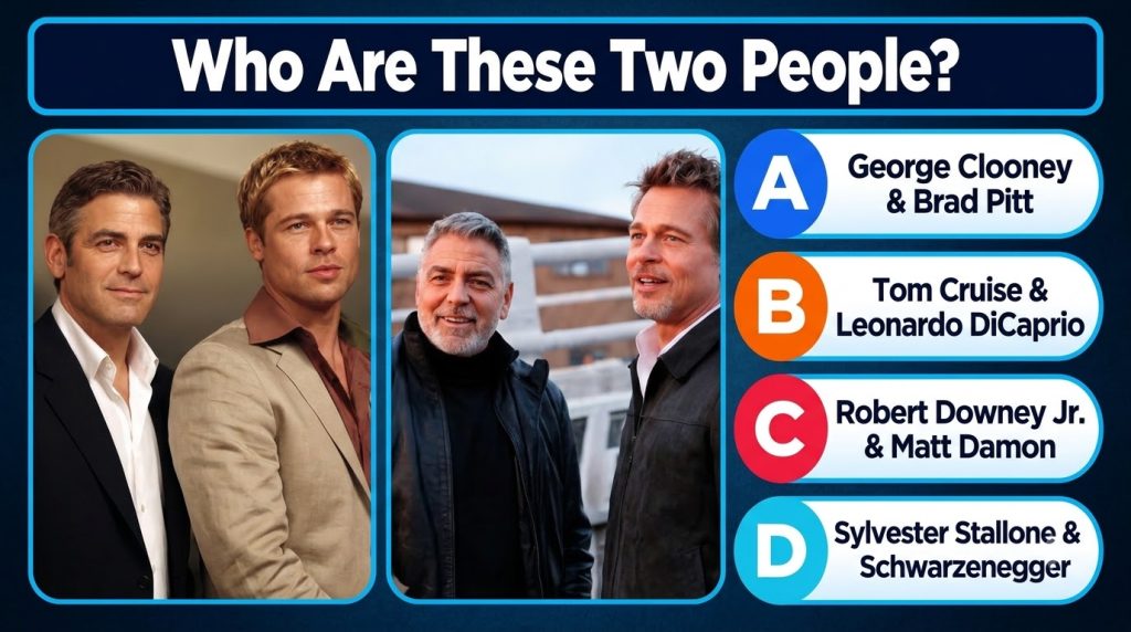 A multiple-choice quiz image showing younger and older versions of George Clooney and Brad Pitt with four answer options
