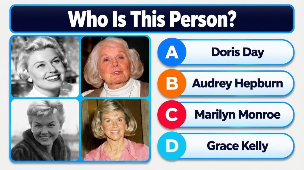 A multiple-choice quiz image showing four framed portraits of Doris Day at different ages young blonde smiling older wit