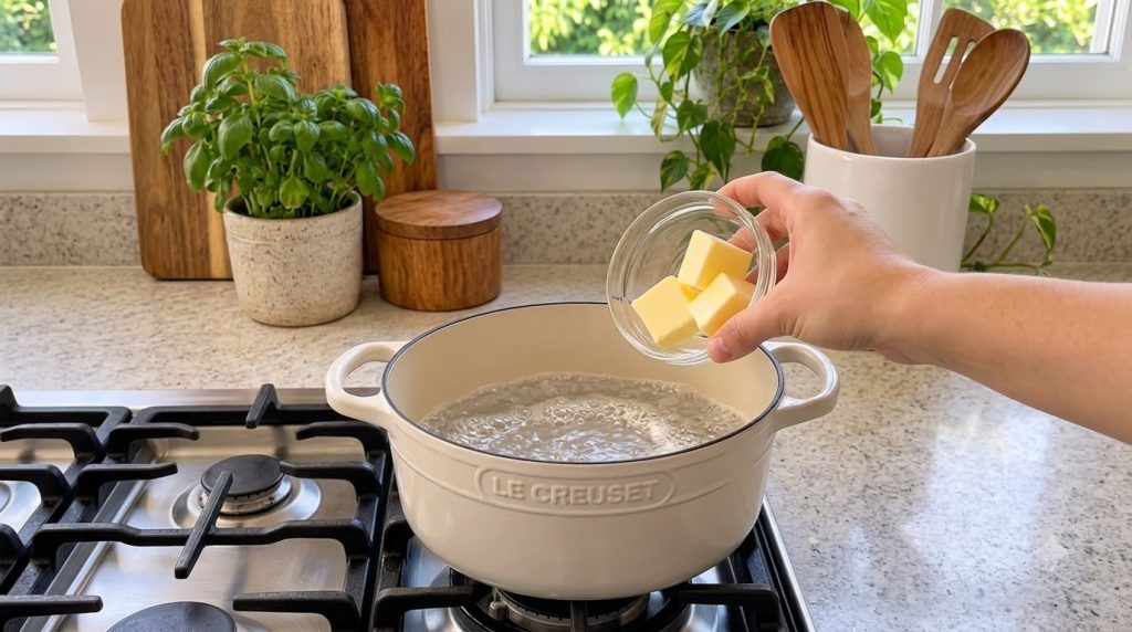 A close-up shot of a hand holding a glass bowl with three cubes of butter above a red Le Creuset pot of boiling water on