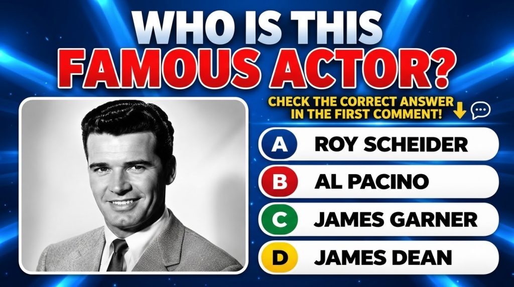 A black-and-white headshot of a smiling young James Garner in a suit as seen in a quiz layout