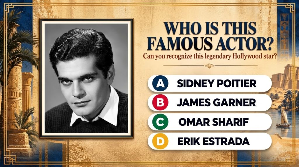 Black and white portrait of a young dashing Omar Sharif set against a richly detailed Egyptian-themed background with co