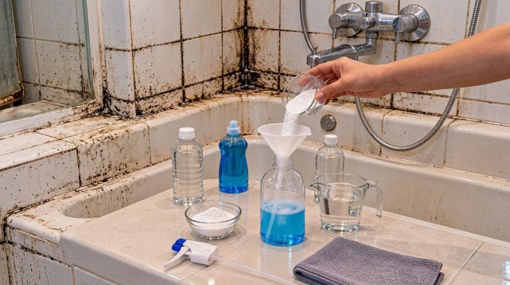 Una comparación de un baño severamente sucio y los ingredientes para la solución de limpieza siendo preparados Una mano 