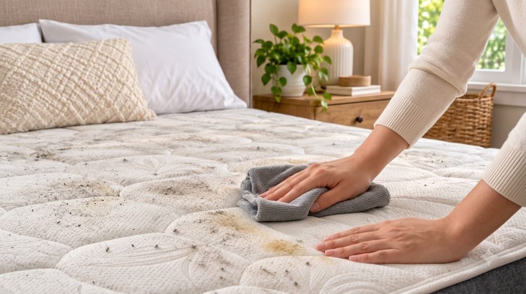 Close-up of hands cleaning a stained mattress with a grey microfiber cloth showing the process of spot treatment