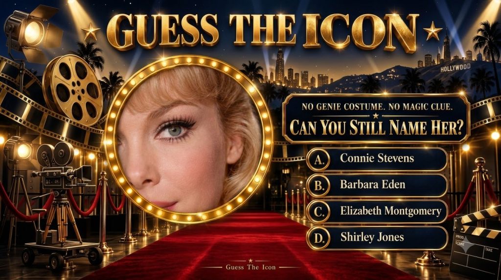 A quiz poster titled Guess The Icon featuring a blonde woman s face in a golden circular frame with a Hollywood cityscap