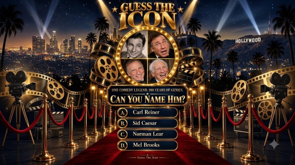A quiz poster with the title Guess The Icon featuring four circular portraits of older male comedy legends in a glowing 