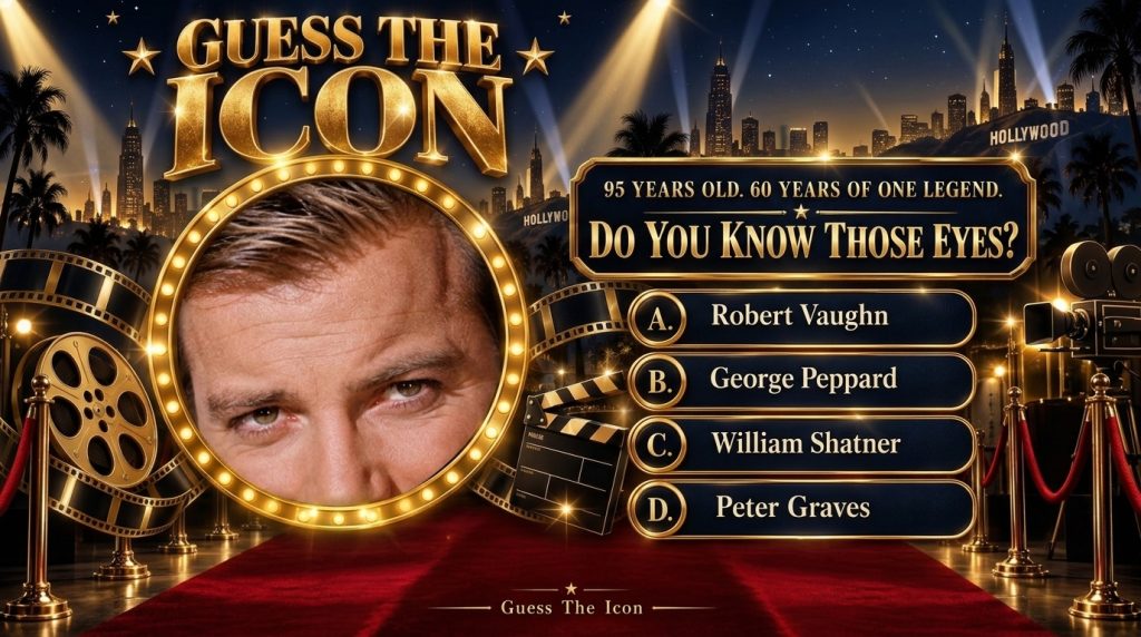 A quiz graphic titled Guess The Icon showing a man s eyes in a circular frame against a Hollywood night skyline