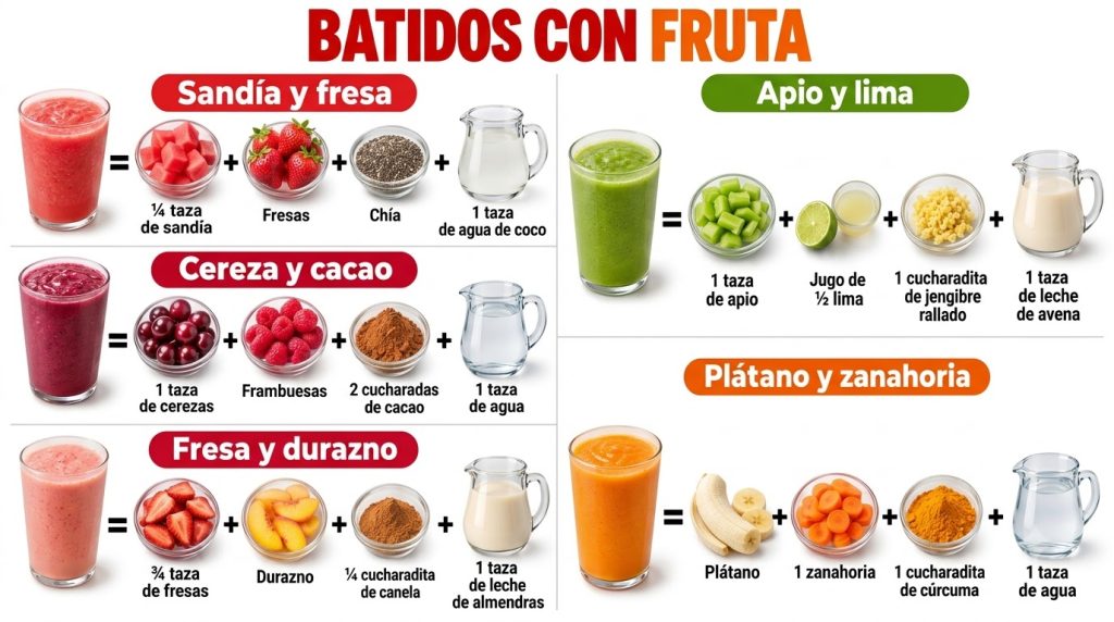 Five colorful fruit smoothies presented alongside their individual ingredients in clear containers against a white backg