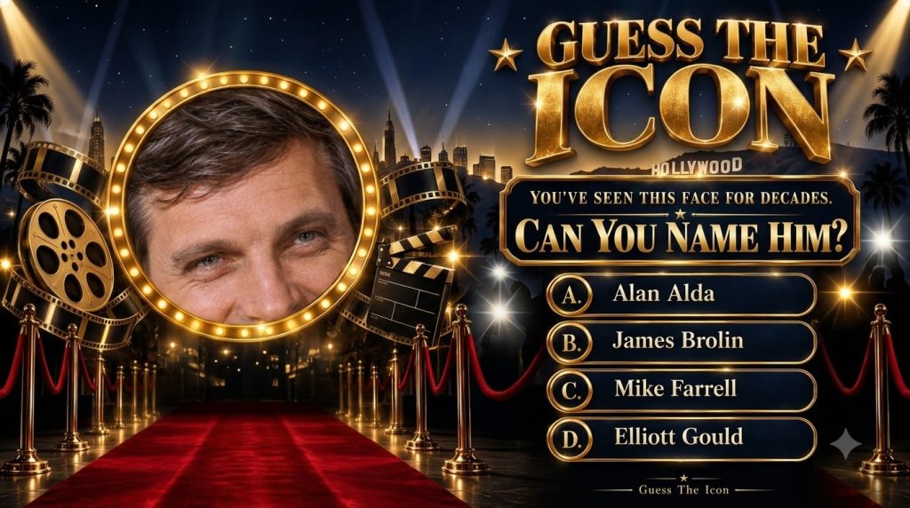 A vertical quiz poster asking CAN YOU NAME HIM featuring a smiling middle-aged man s face framed by marquee lights with 