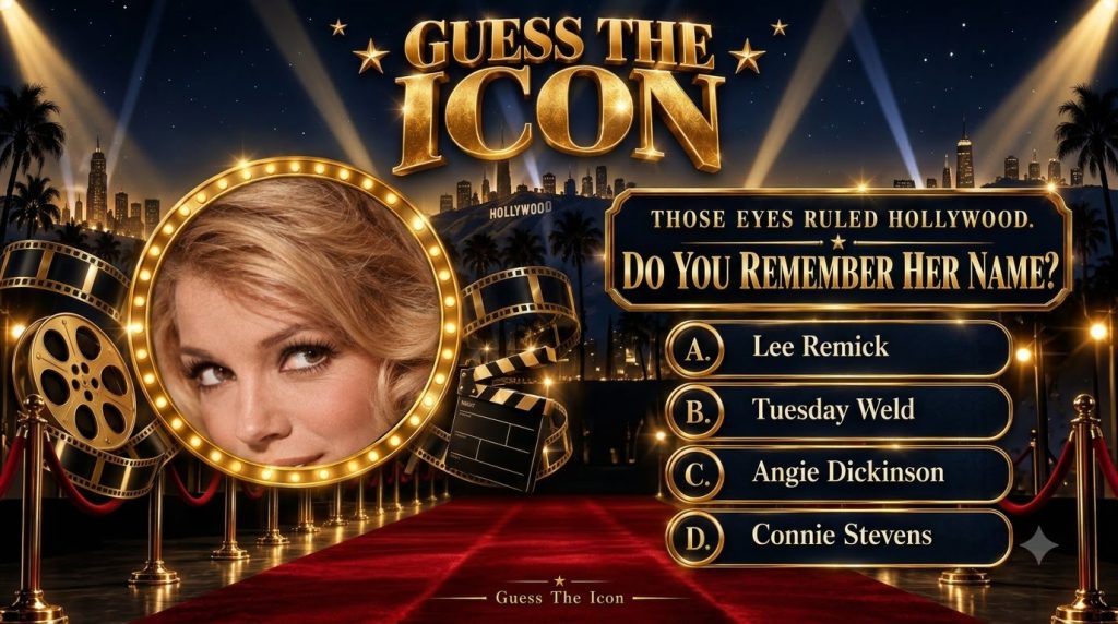 A glamorous Guess The Icon quiz poster featuring a close-up of a blonde woman s face within a golden illuminated circula