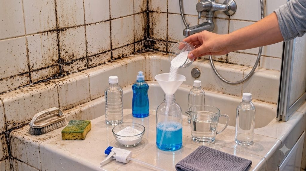 A hand pouring white baking soda powder through a funnel into a spray bottle containing a blue liquid dish soap and wate