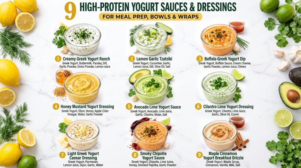 A vibrant overhead view of nine different high-protein yogurt sauces in small bowls each garnished with fresh herbs and