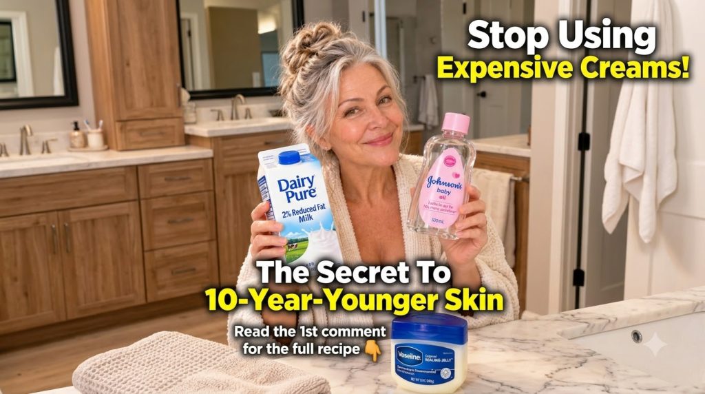 A smiling middle-aged woman holding a carton of milk and a bottle of baby oil with a tub of Vaseline on the countertop i