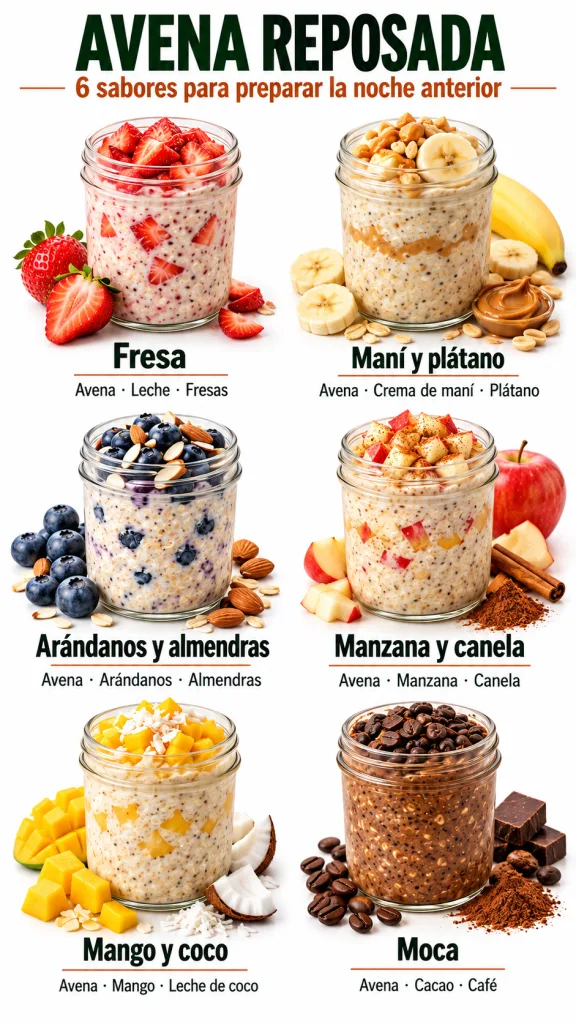 Six clear glass jars of overnight oats each with different flavors and fresh ingredients scattered around their bases Th
