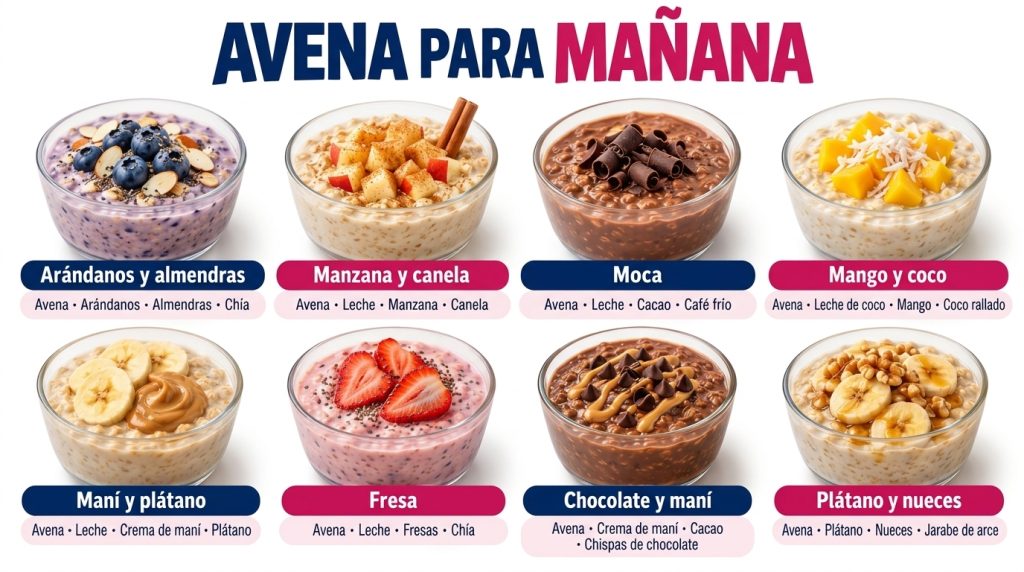 Eight colorful bowls of oatmeal arranged in a grid each with unique toppings like blueberries bananas apples mango straw