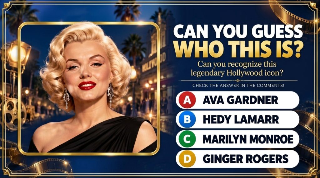 A stylized portrait of Marilyn Monroe in a Hollywood-themed quiz poster with golden frame and palm trees