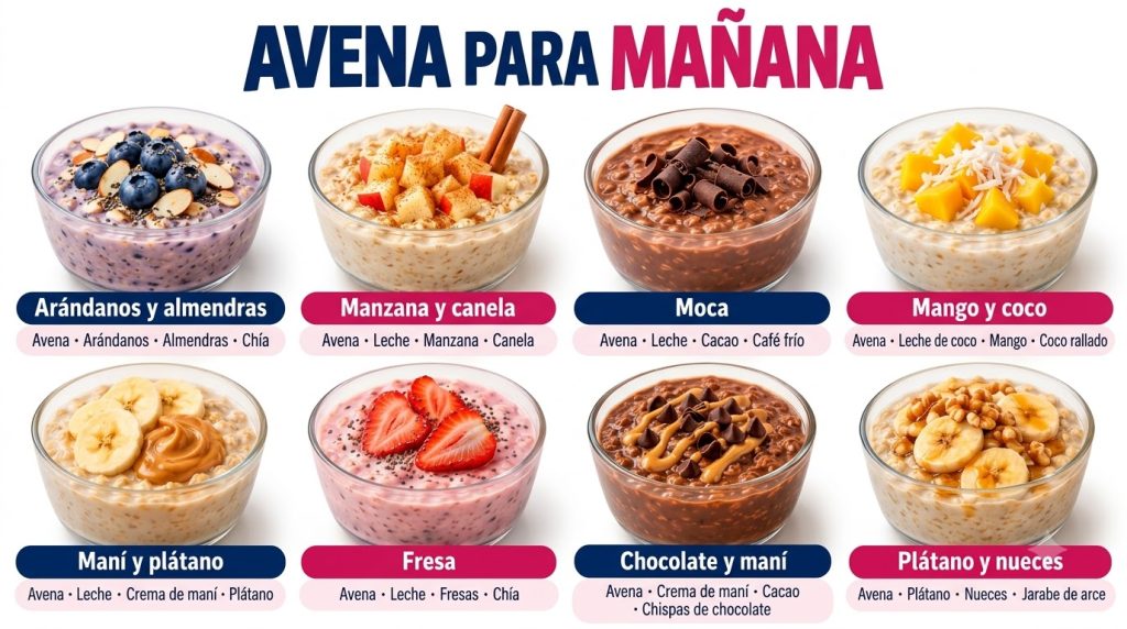 Eight colorful oatmeal bowls arranged neatly on a white background each with different fruit nut and seed toppings like 
