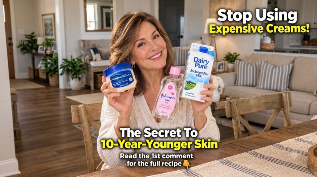 A smiling woman holds up a jar of Vaseline a bottle of Johnson s Baby Oil and a carton of milk promoting youthful skin s