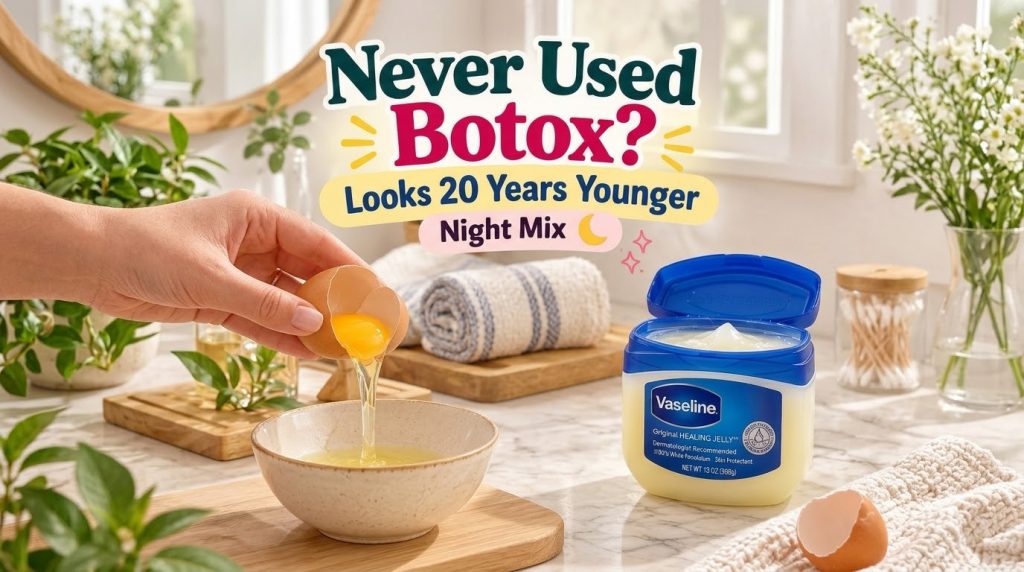 A hand cracking an egg into a small ceramic bowl with a jar of Vaseline Original Healing Jelly open beside it on a clean