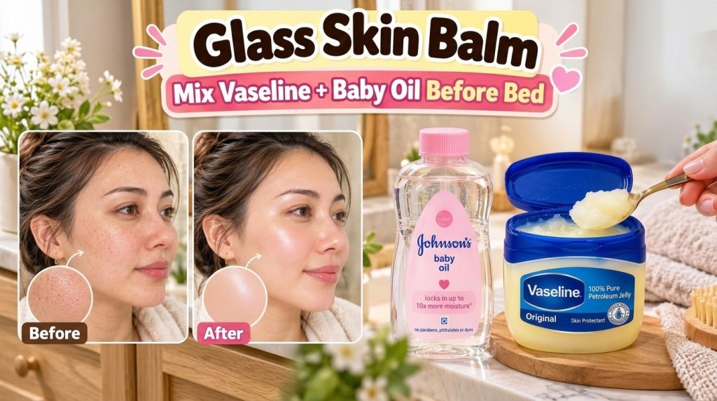 A split image showing a Before and After comparison of a woman s face with improved radiant skin and below bottles of Jo
