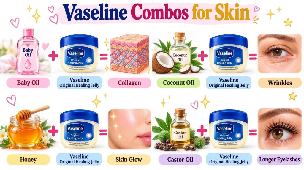 An informational graphic illustrating four Vaseline combos Baby Oil for collagen Coconut Oil for glowing skin Honey for
